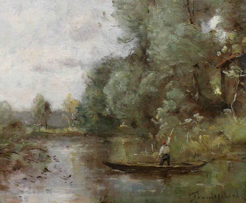 Trouillebert Paul Desire Painting 19th Barbizon School Fisherman In His Boat Oil Canvas Signed-photo-5