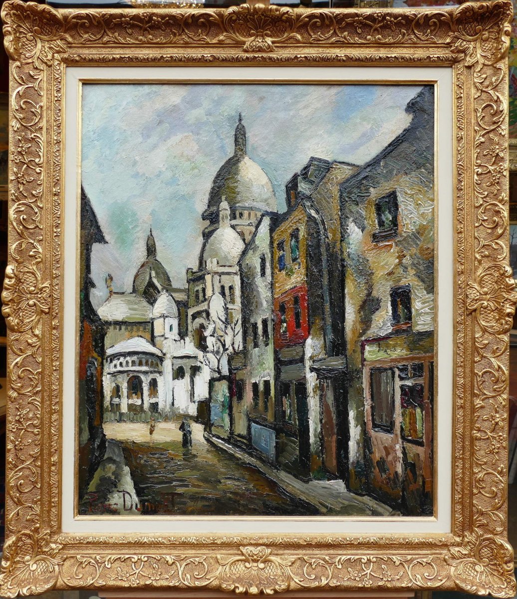 Dumont Pierre Painting 20th Paris Montmartre Sacre Coeur Chevalier Street Oil Signed