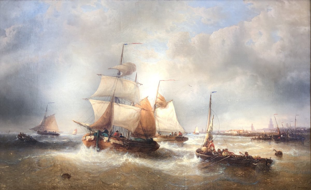 Musin François Belgian School 19th Marine Ships Leaving Port Painting XIXth Oil Canvas Signed-photo-2