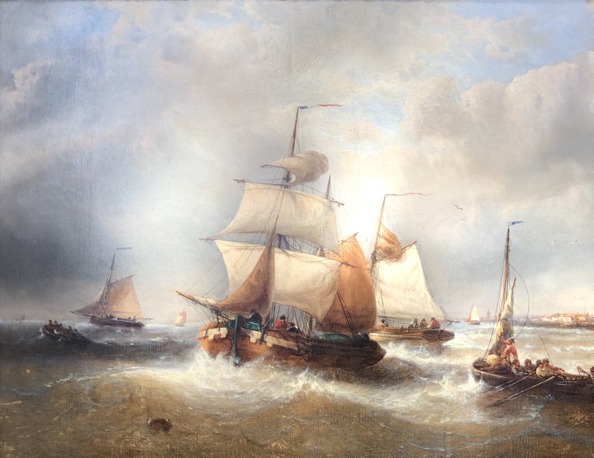 Musin François Belgian School 19th Marine Ships Leaving Port Painting XIXth Oil Canvas Signed-photo-3