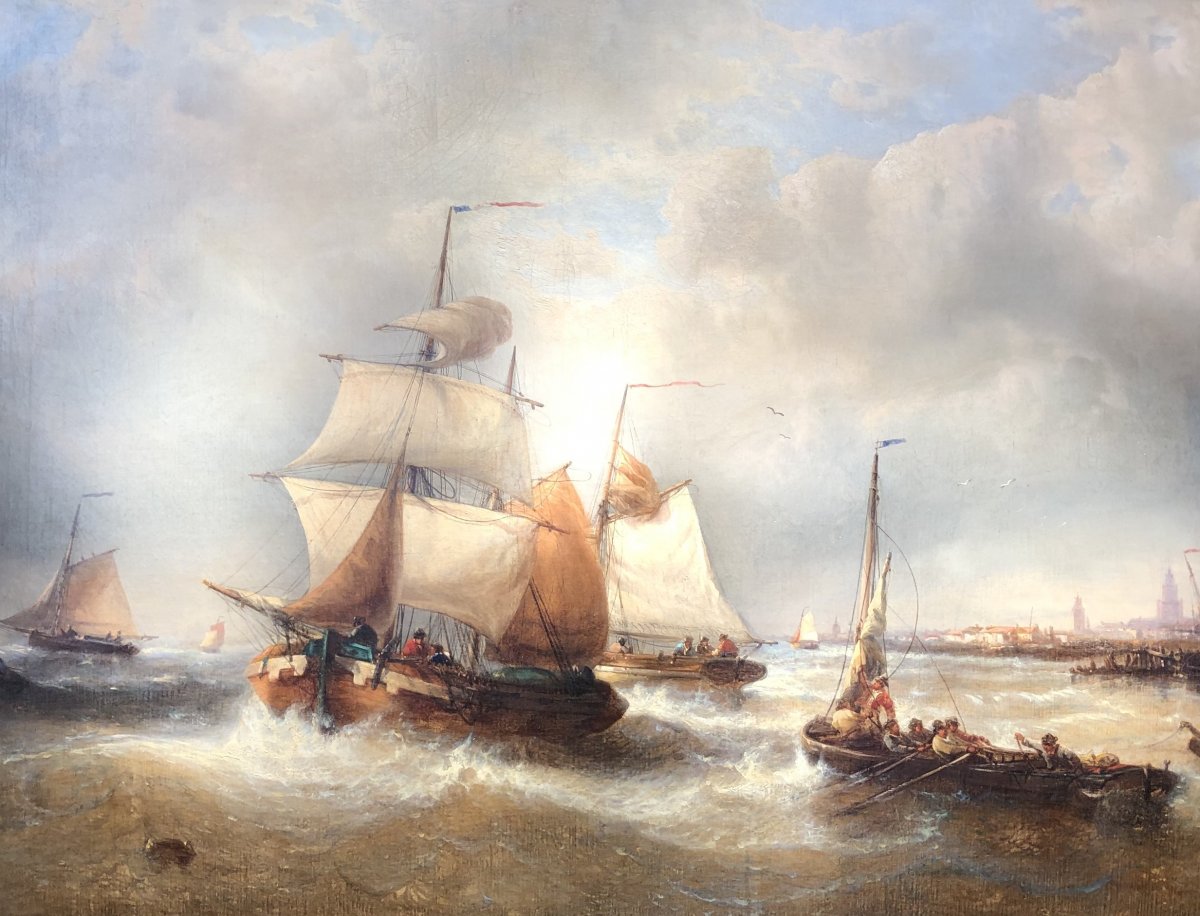 Musin François Ecole Belge 19è Marine Navires Quittant Le Port Peinture XIXè Huile Toile Signée-photo-1