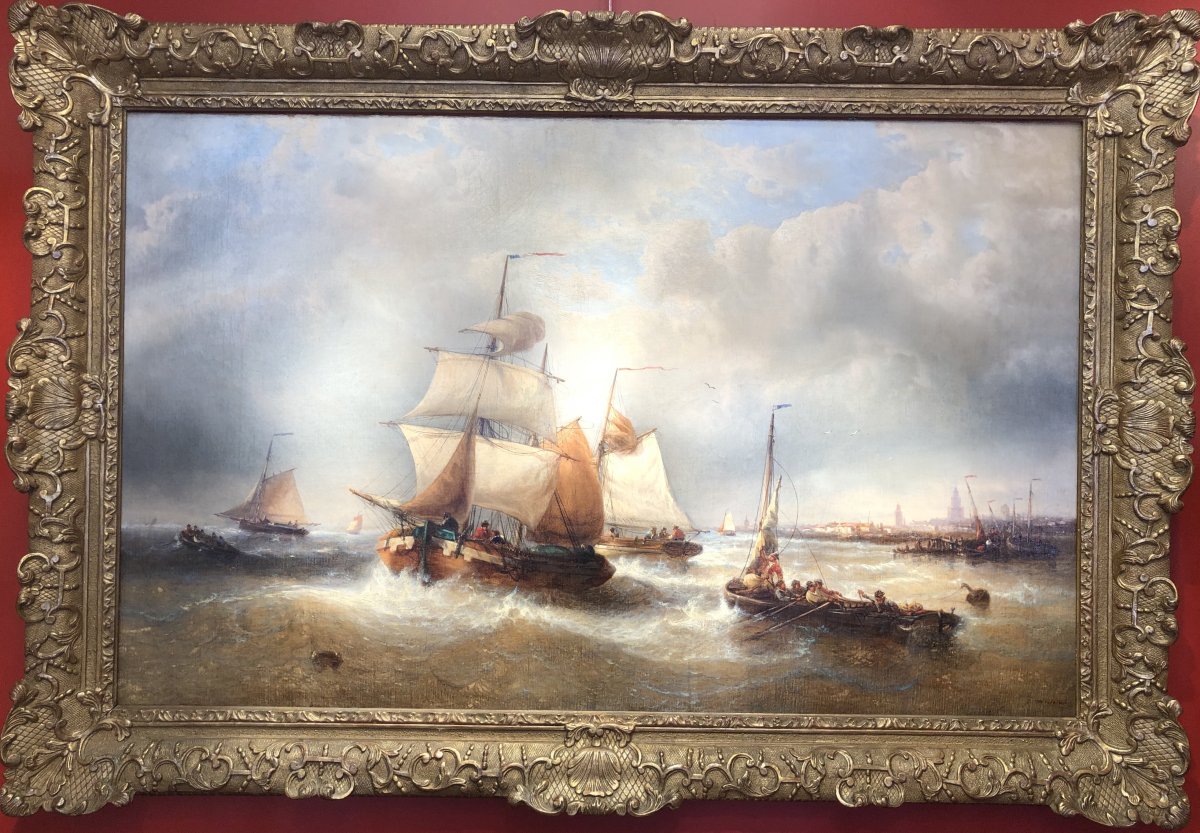 Musin François Belgian School 19th Marine Ships Leaving Port Painting XIXth Oil Canvas Signed