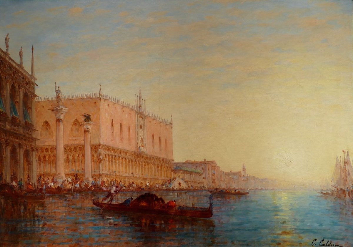 Calderon Charles Clément Painting Venice The Basin Of Saint Mark Sunny Oil Canvas Signed-photo-2