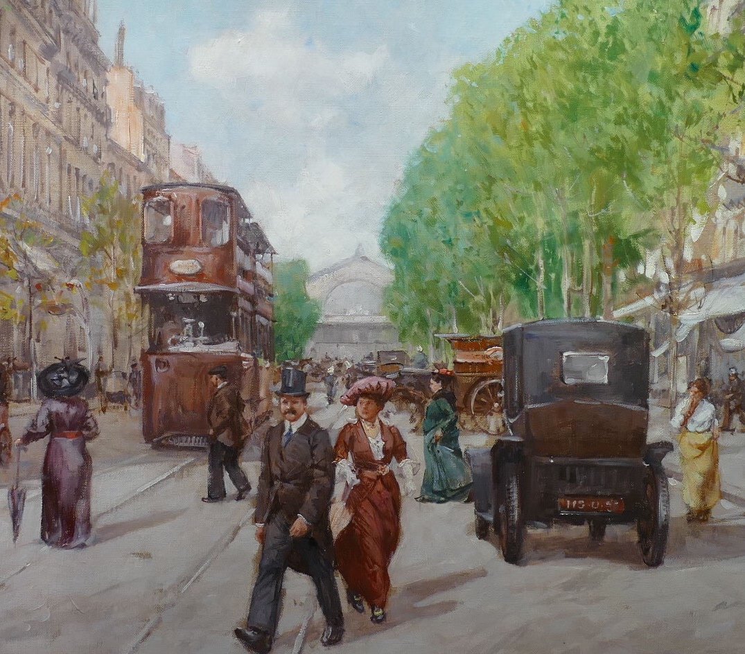 Leon Zeytline Russian School 20th Century Paris Tramway, Carriages And Automobiles Oil Signed-photo-1