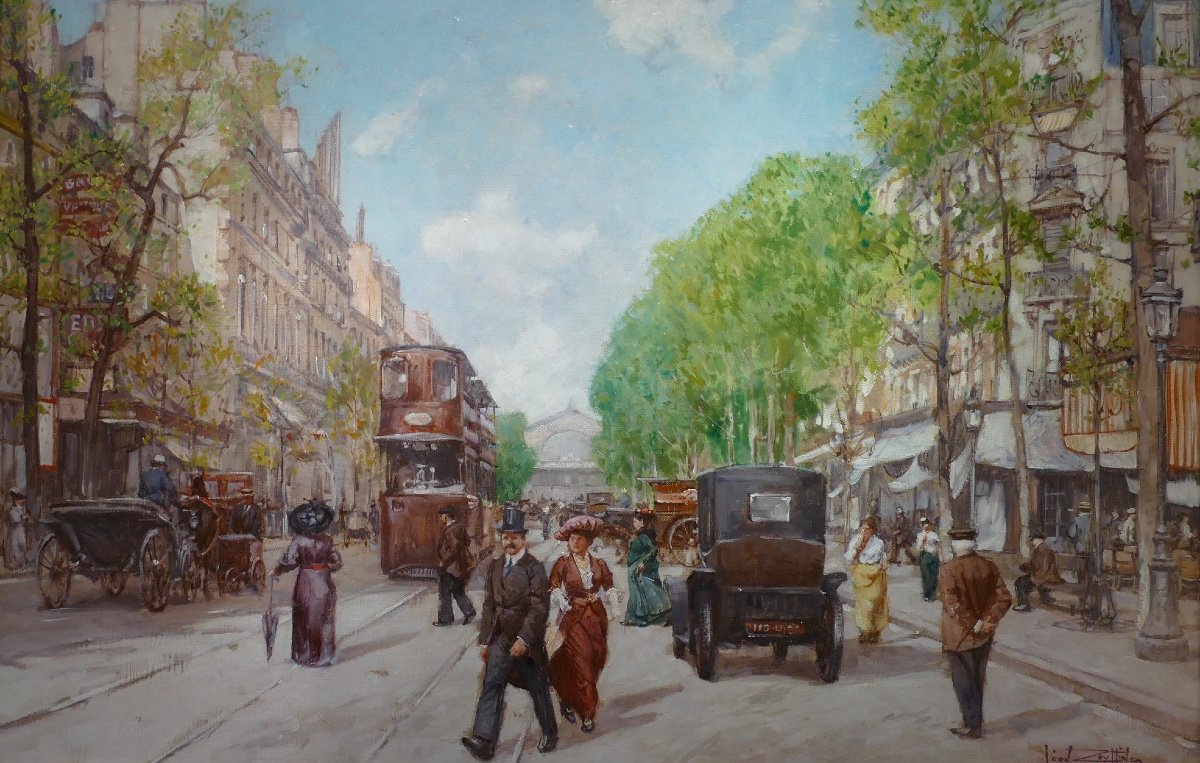 Leon Zeytline Russian School 20th Century Paris Tramway, Carriages And Automobiles Oil Signed-photo-2