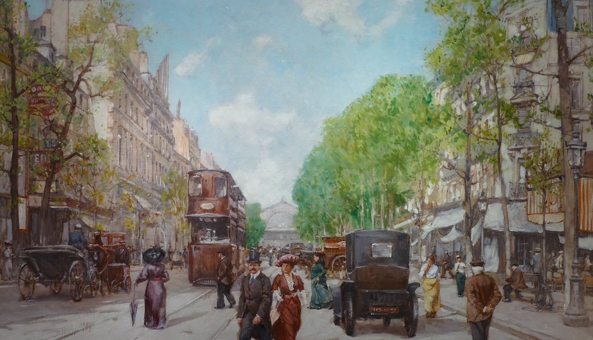 Leon Zeytline Russian School 20th Century Paris Tramway, Carriages And Automobiles Oil Signed-photo-5