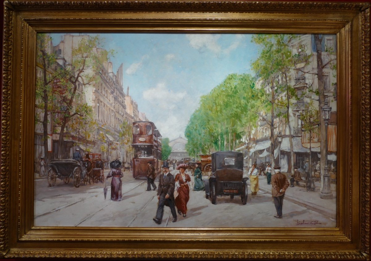 Leon Zeytline Russian School 20th Century Paris Tramway, Carriages And Automobiles Oil Signed