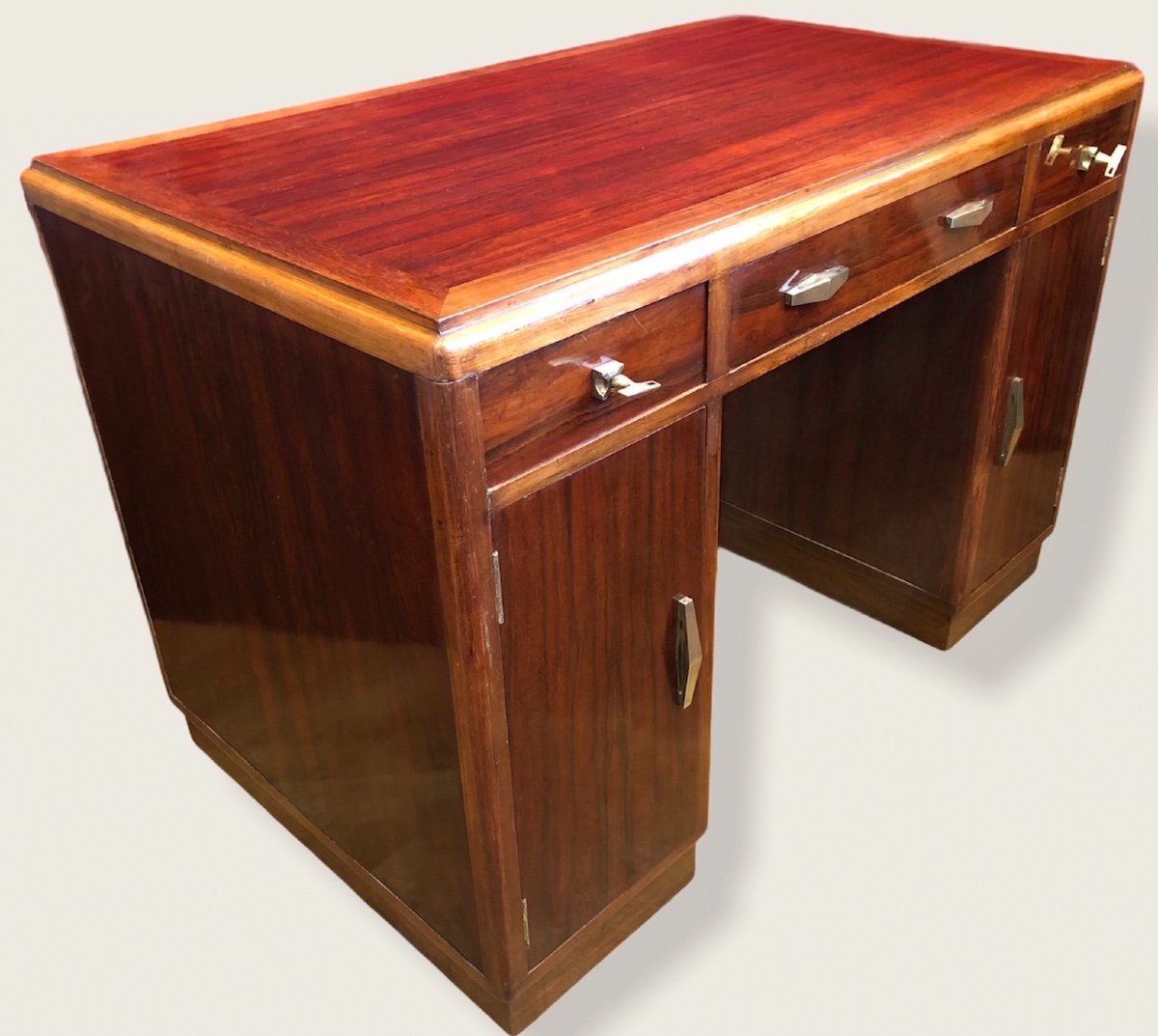 Art Deco Desk With Pedestals In Rosewood, Three Drawers In Front-photo-2