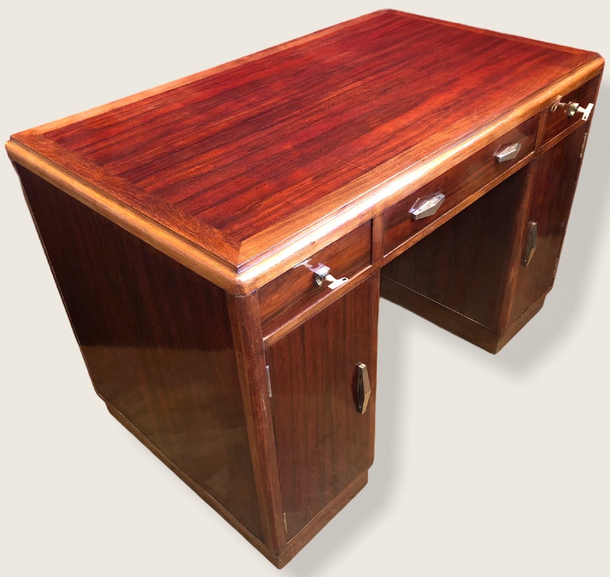 Art Deco Desk With Pedestals In Rosewood, Three Drawers In Front-photo-4
