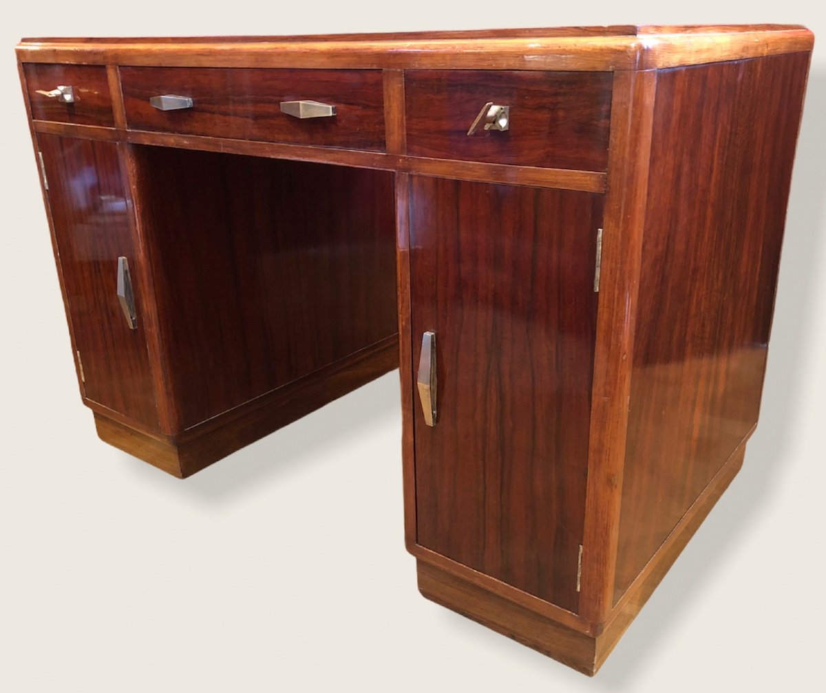 Art Deco Desk With Pedestals In Rosewood, Three Drawers In Front-photo-6