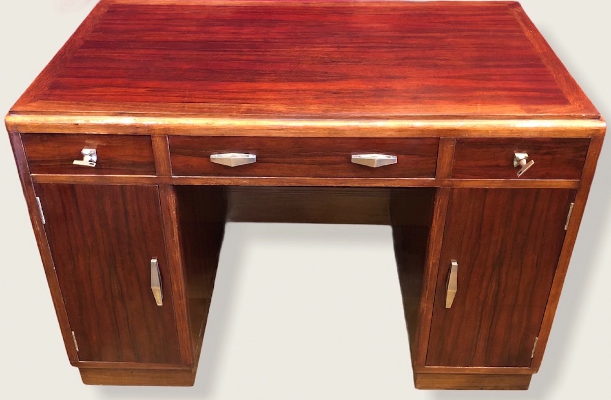 Art Deco Desk With Pedestals In Rosewood, Three Drawers In Front
