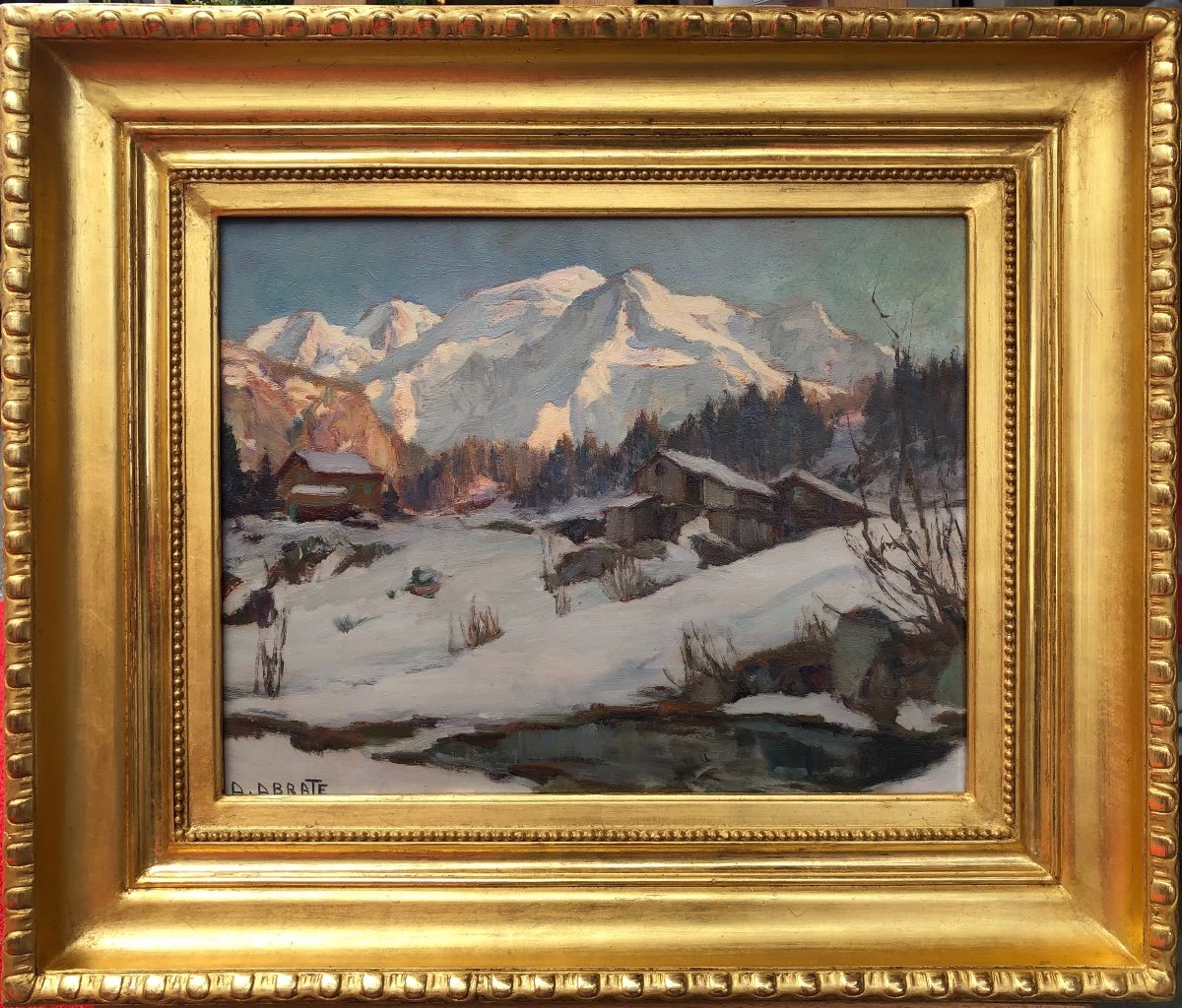 Abrate Angelo Peinture XXè Siècle Soleil Sur Le Mont Blanc Huile Signée certificat