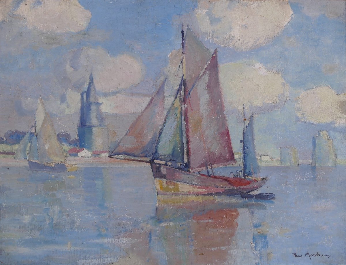 Morchain Paul Painting 20th Fishing Boats Leaving The Port Of La Rochelle Oil Signed-photo-2