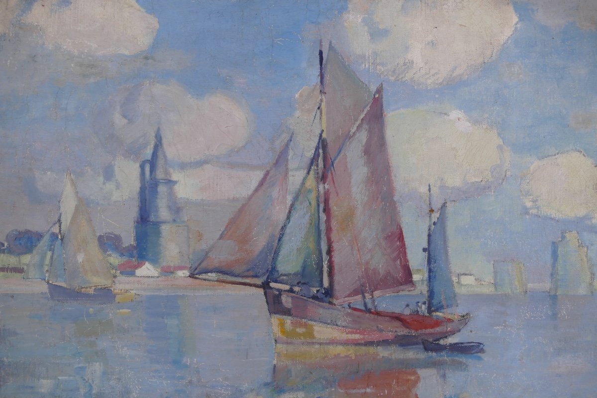 Morchain Paul Painting 20th Fishing Boats Leaving The Port Of La Rochelle Oil Signed-photo-3