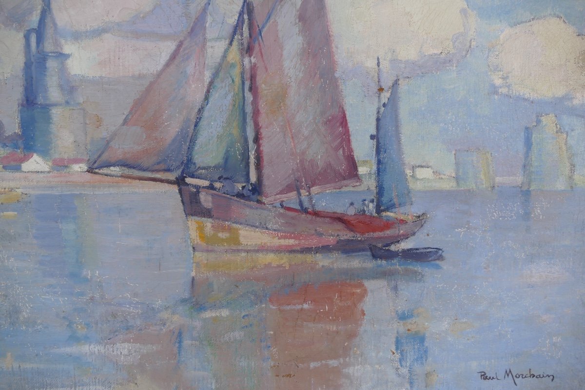 Morchain Paul Painting 20th Fishing Boats Leaving The Port Of La Rochelle Oil Signed-photo-4