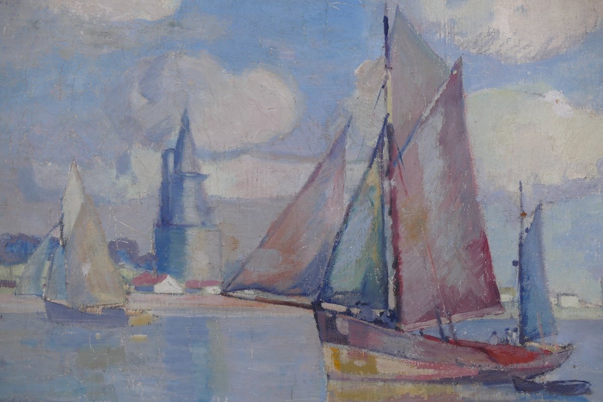 Morchain Paul Painting 20th Fishing Boats Leaving The Port Of La Rochelle Oil Signed-photo-1