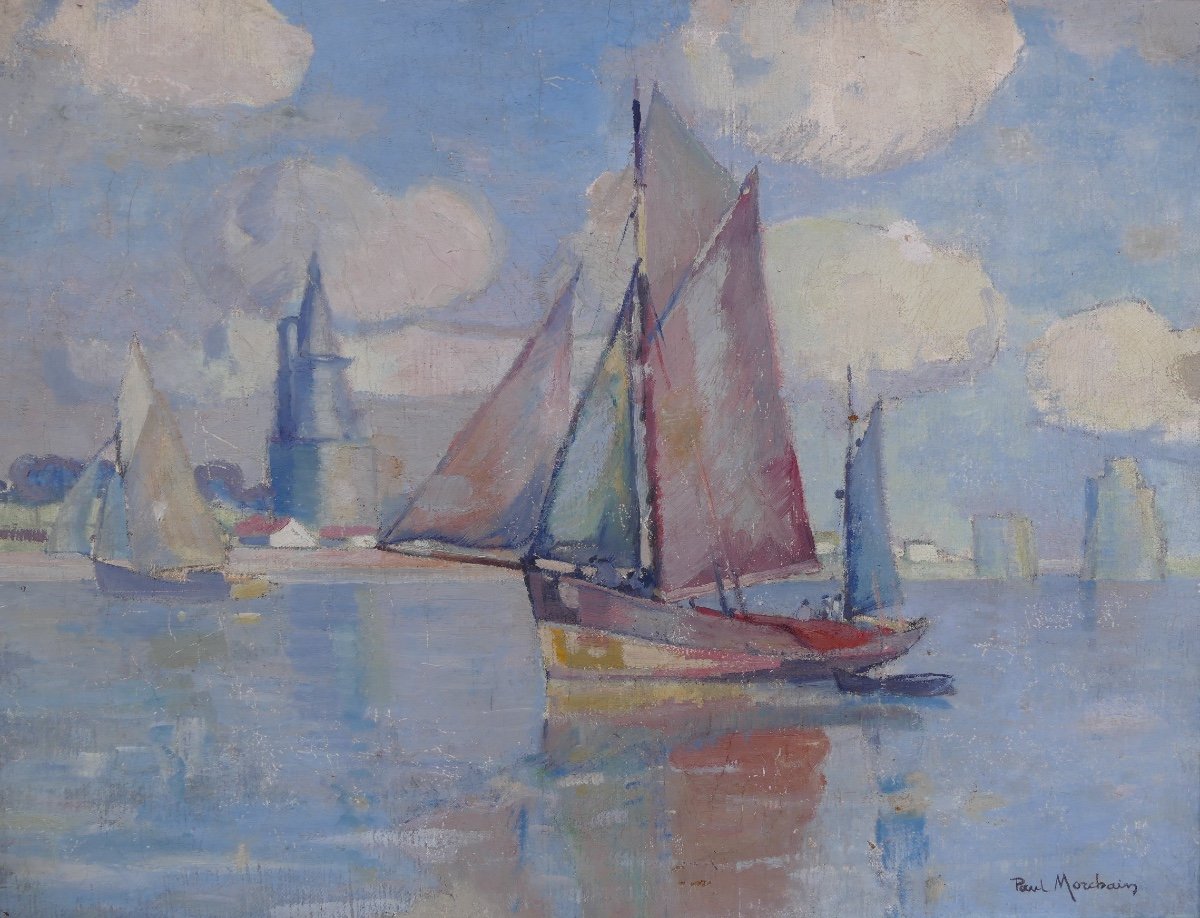 Morchain Paul Painting 20th Fishing Boats Leaving The Port Of La Rochelle Oil Signed-photo-3