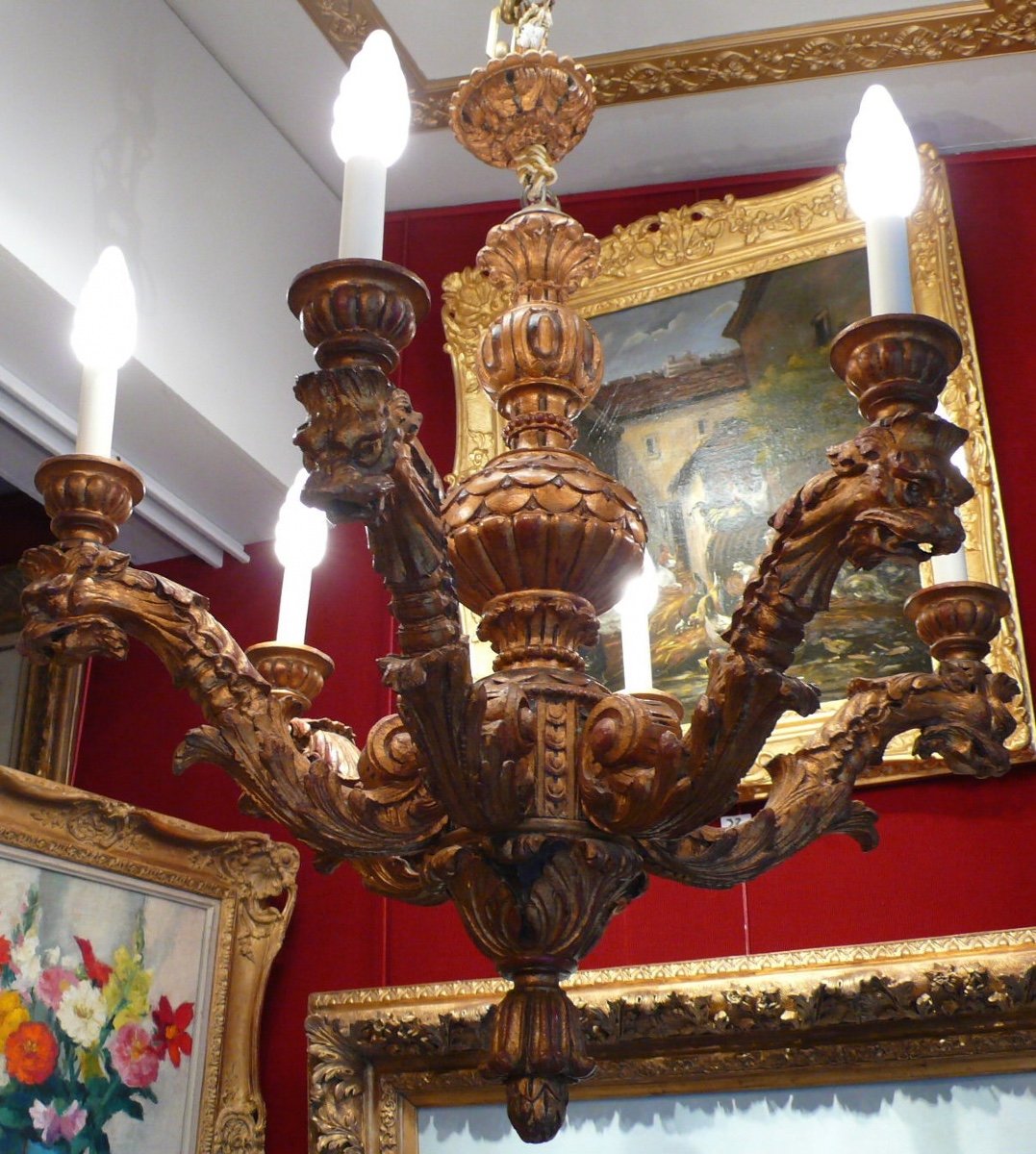 Chandelier In Carved Wood Six Branches Of Lights XVIIth Century Style-photo-2