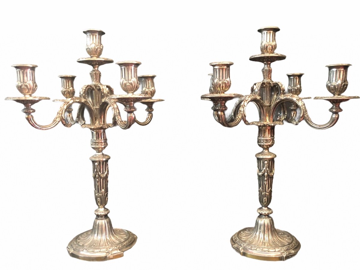 Pair Of Candelabra With Five Lights In Chiseled And Silver Bronze Decorated With Rudentated Fluting-photo-2
