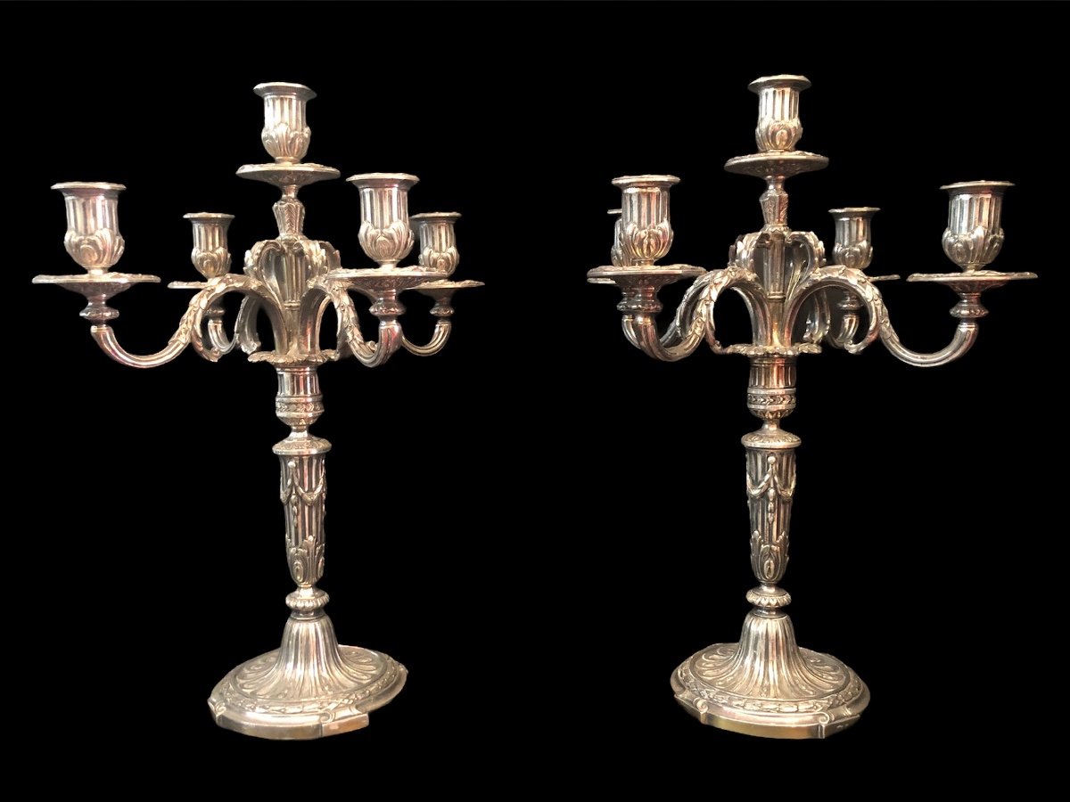 Pair Of Candelabra With Five Lights In Chiseled And Silver Bronze Decorated With Rudentated Fluting-photo-1