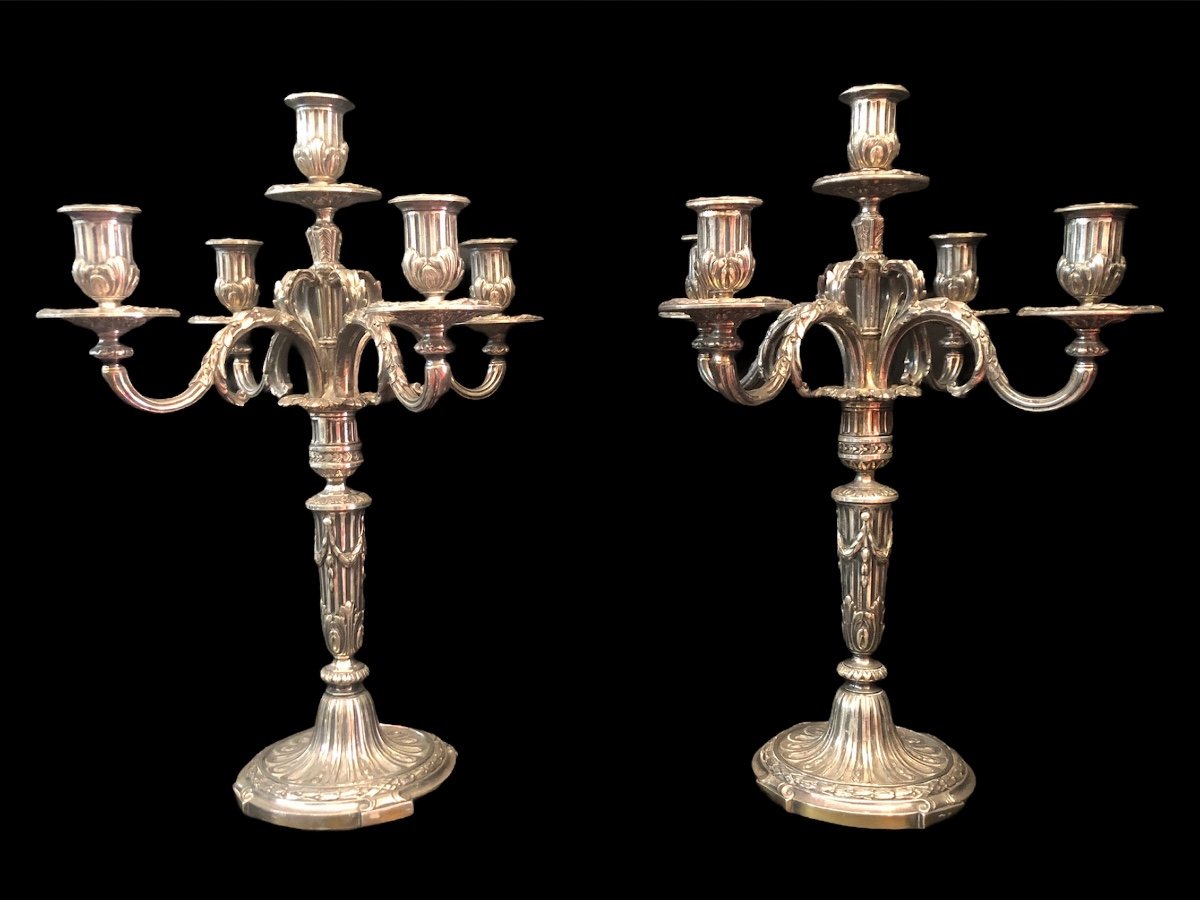 Pair Of Candelabra With Five Lights In Chiseled And Silver Bronze Decorated With Rudentated Fluting