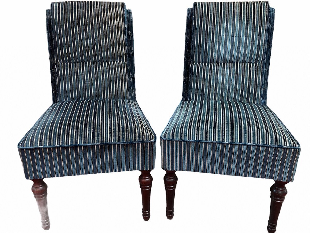 Paire De Chaises à Dossier Crosse En Velours Rayé Bleu-photo-2