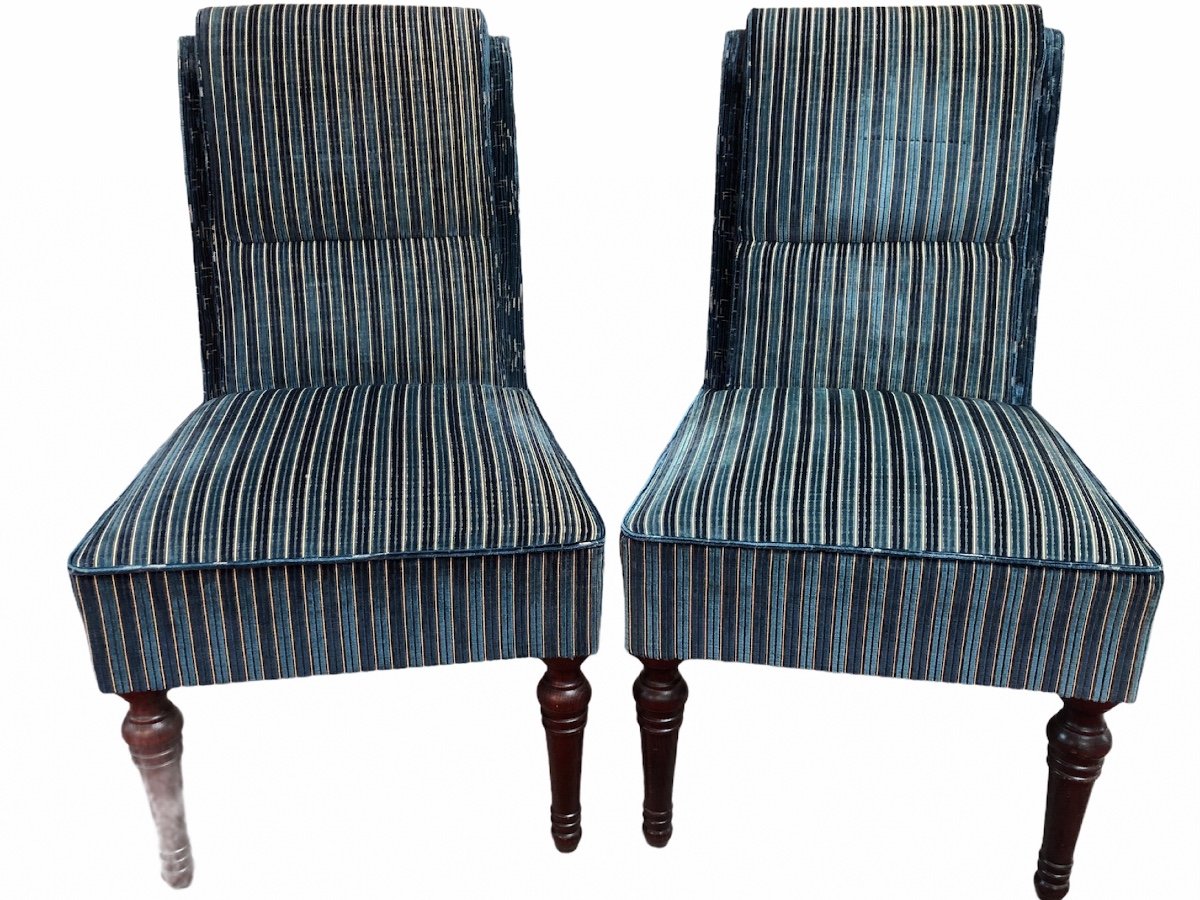 Pair Of Lacrosse Back Chairs In Blue Striped Velvet-photo-2