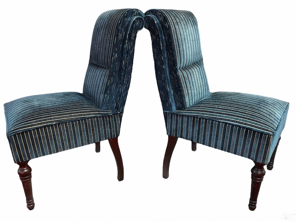 Pair Of Lacrosse Back Chairs In Blue Striped Velvet-photo-3