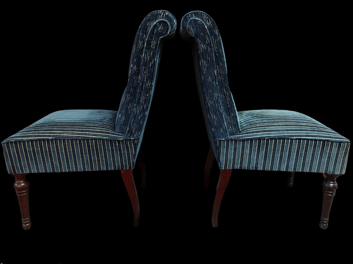Pair Of Lacrosse Back Chairs In Blue Striped Velvet-photo-4