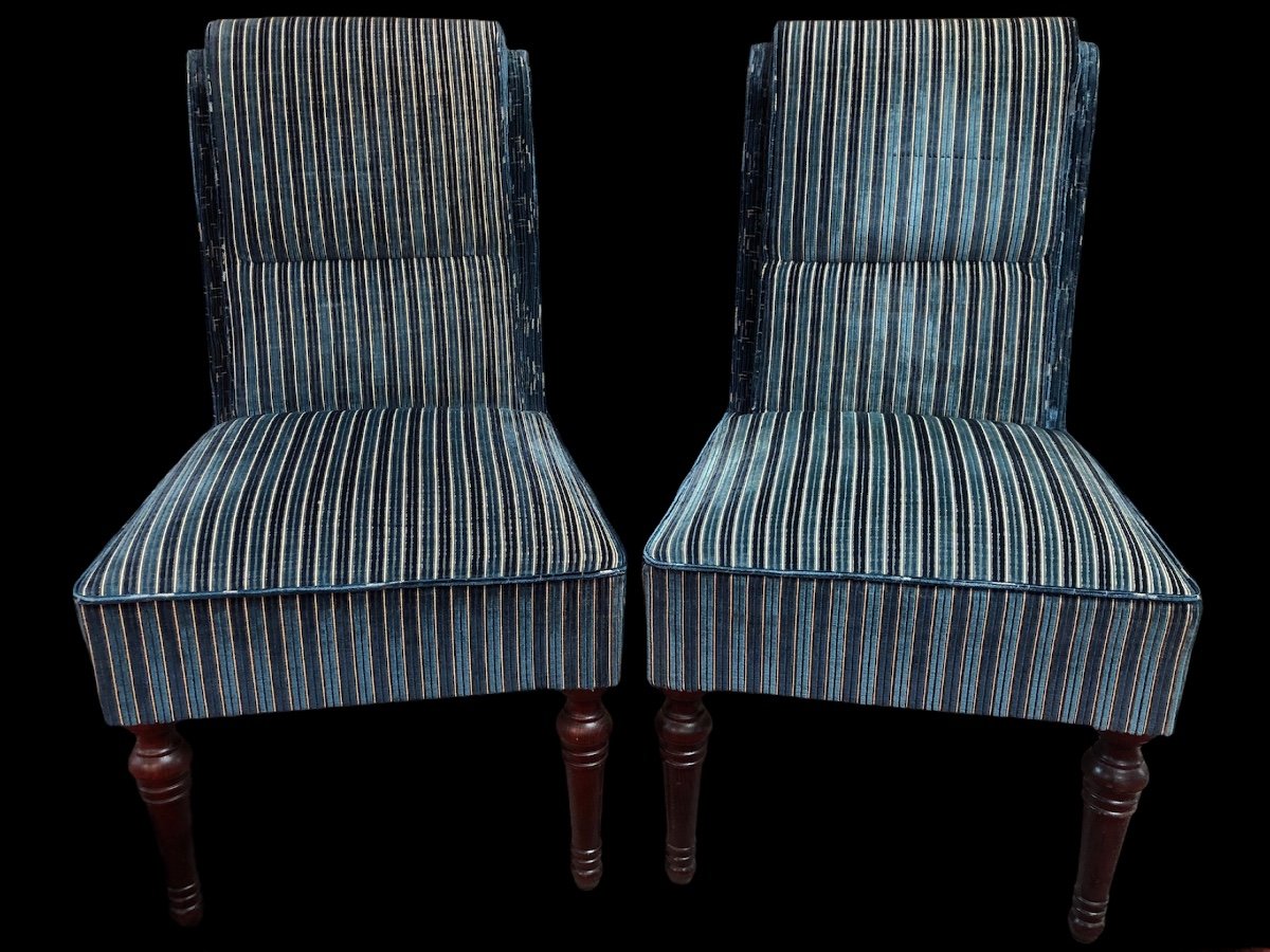 Paire De Chaises à Dossier Crosse En Velours Rayé Bleu