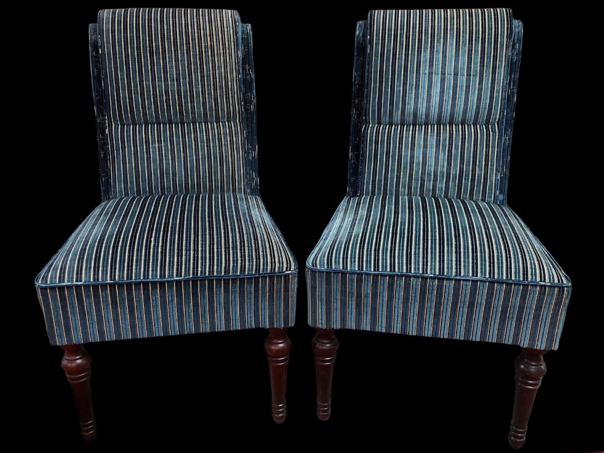 Pair Of Lacrosse Back Chairs In Blue Striped Velvet