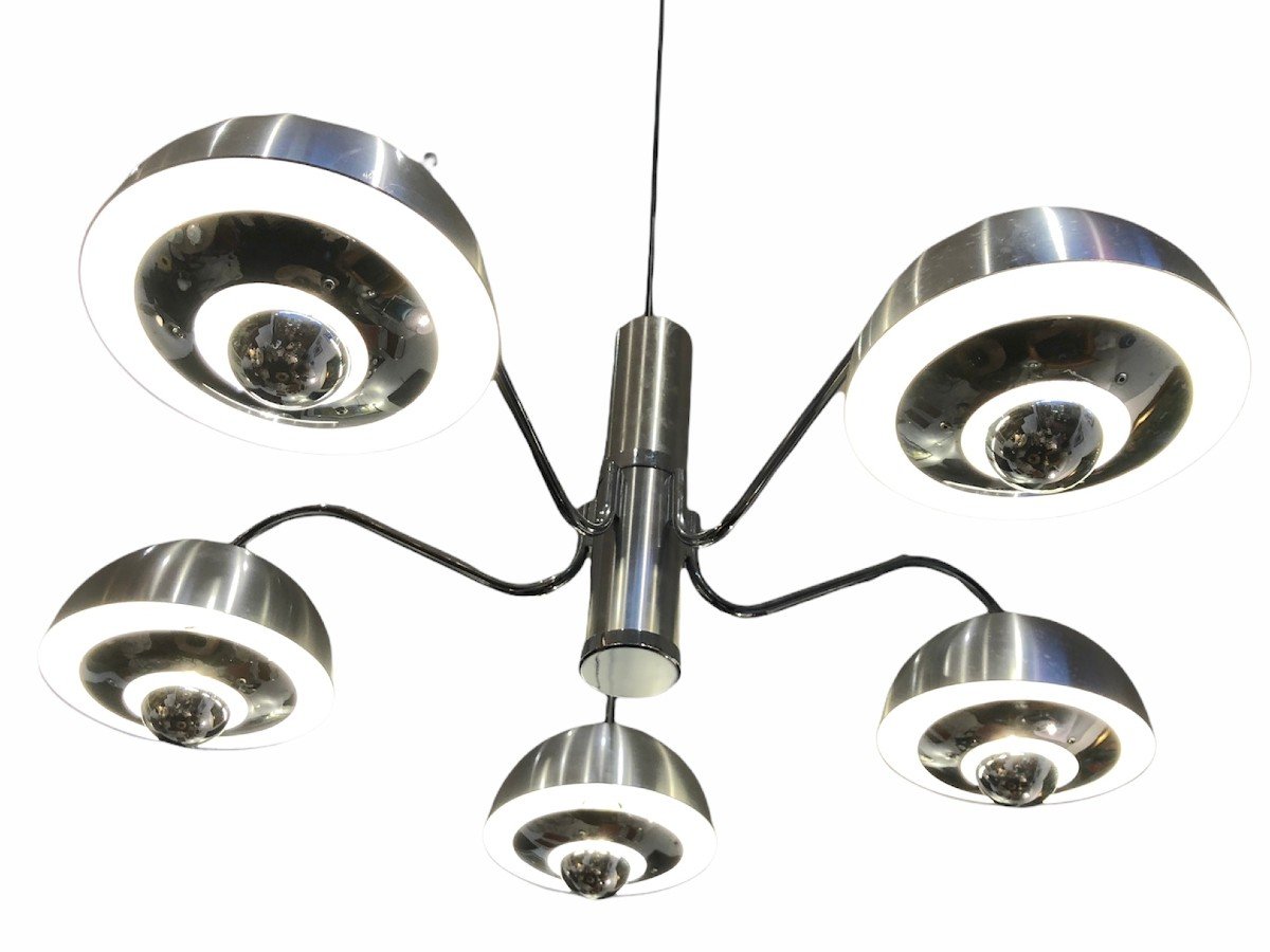 1970s Chandelier In Matte Chrome And Shiny 5 Lights-photo-1