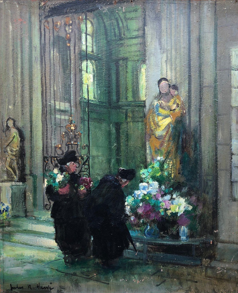 Herve Jules René Impressionist Painting XXth The Bigotes At The Church In Langres Oil On Panel-photo-4