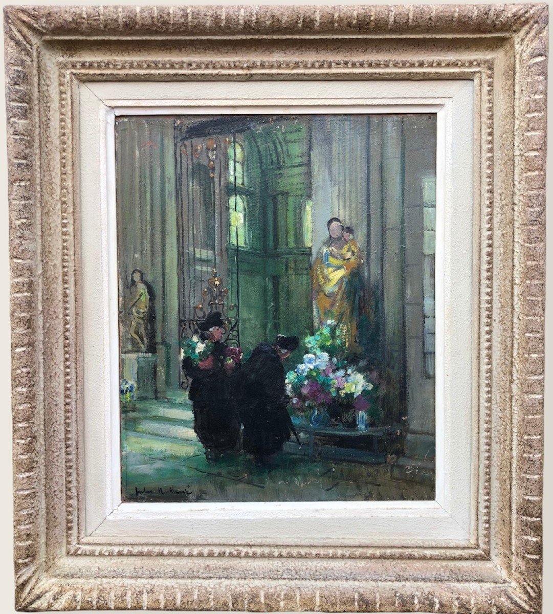 Herve Jules René Tableau Impressionniste XXè Les Bigotes à l'église à Langres Huile Sur Panneau
