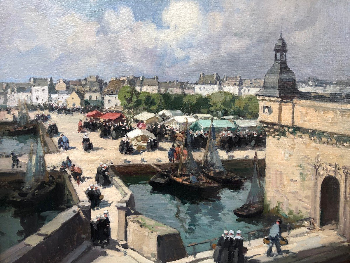 Barnoin Henri Painting 20th Century Concarneau (brittany) The Market Oil Painting Canvas Signed-photo-4