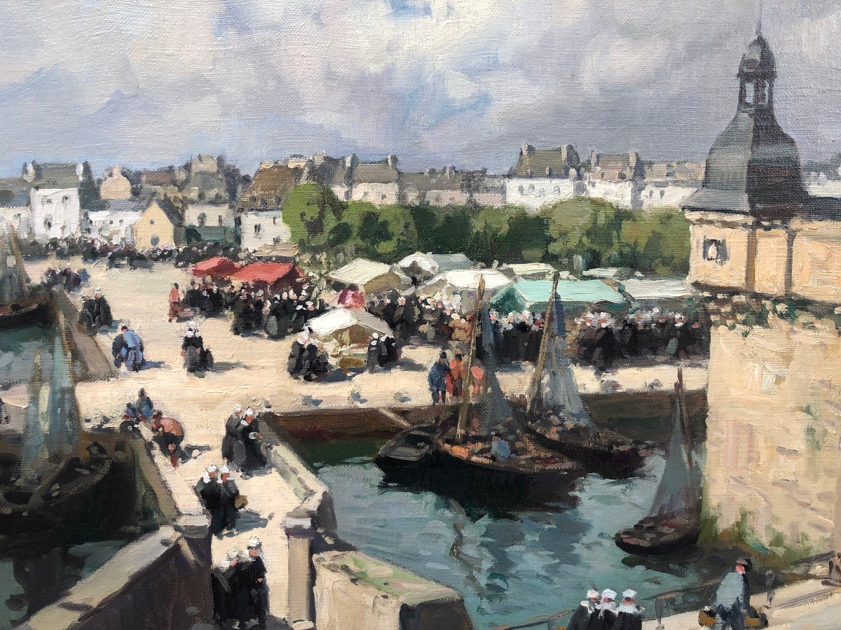 BARNOIN Henri tableau 20ème siècle Concarneau Bretagne Le marché Peinture huile toile signée-photo-1