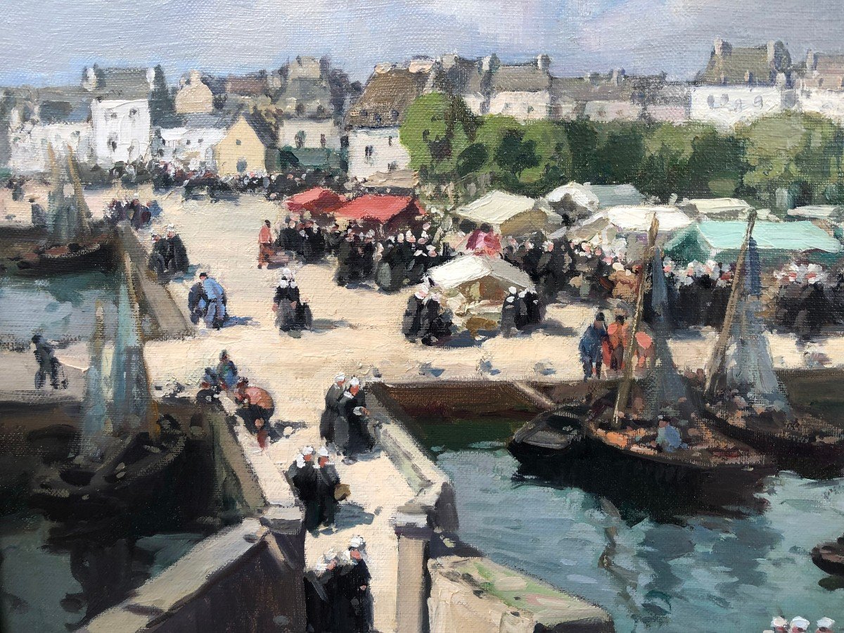 Barnoin Henri Painting 20th Century Concarneau (brittany) The Market Oil Painting Canvas Signed-photo-2