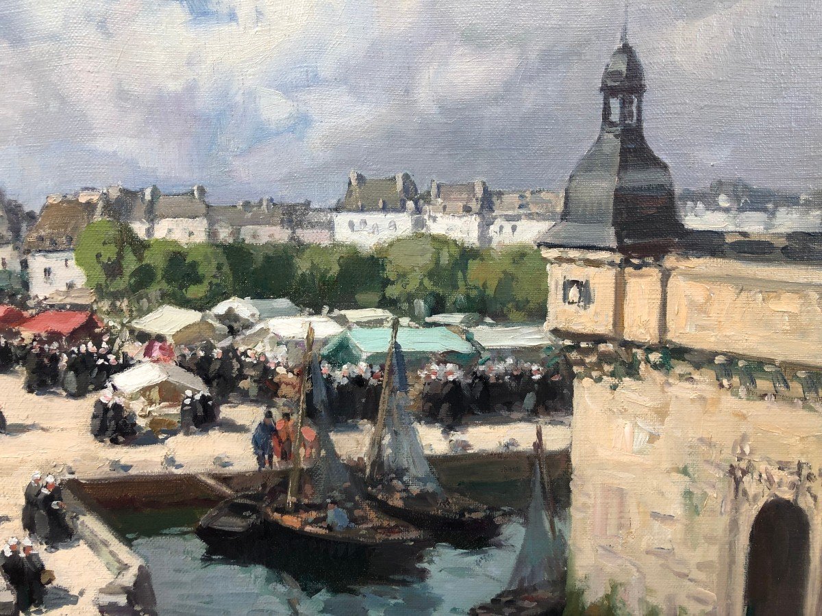 BARNOIN Henri tableau 20ème siècle Concarneau Bretagne Le marché Peinture huile toile signée-photo-3