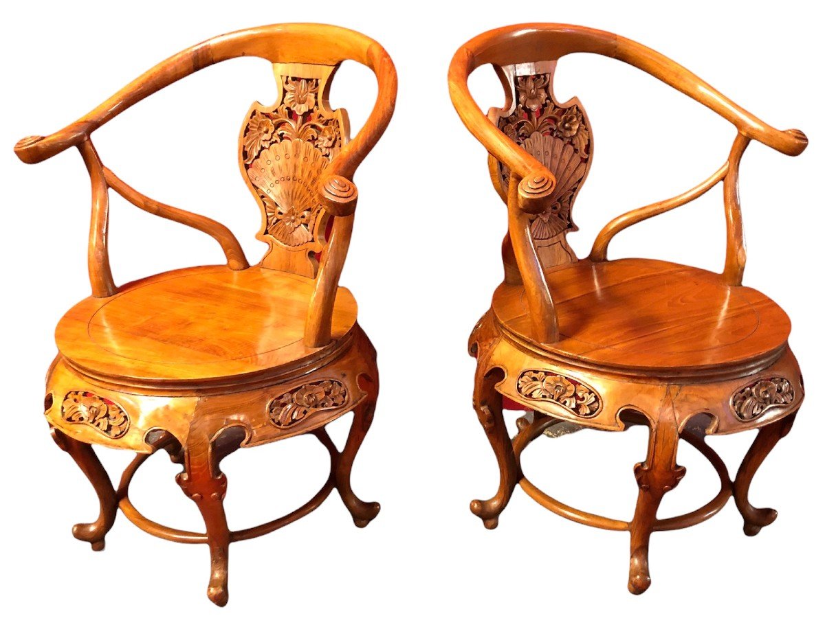 Paire De Fauteuils Indochinois ? En Orme Des Années 60/70