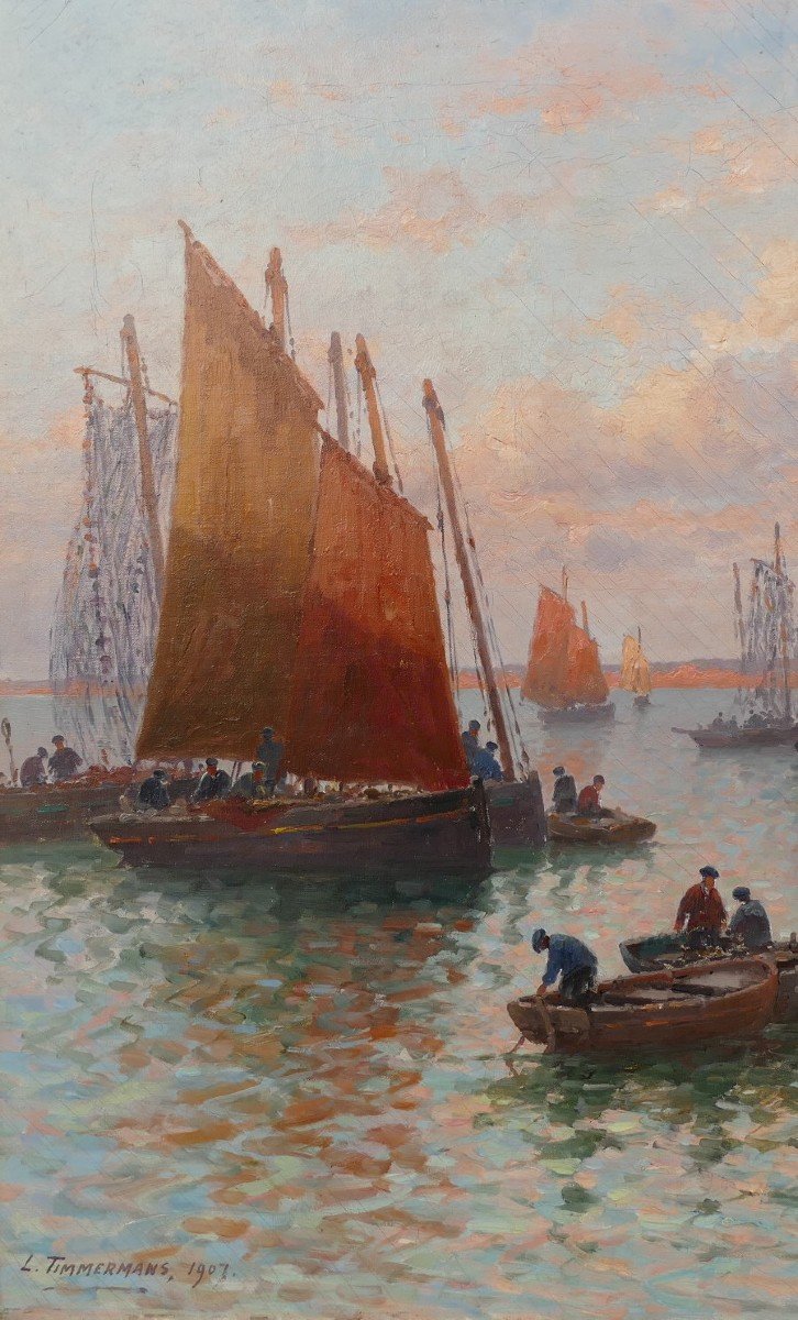 Timmermans Louis Ecole Française 19è Marine Barques Sardinières Huile Sur Toile Signée Datée-photo-3