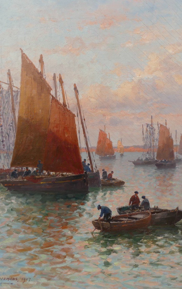 Timmermans Louis Ecole Française 19è Marine Barques Sardinières Huile Sur Toile Signée Datée-photo-1