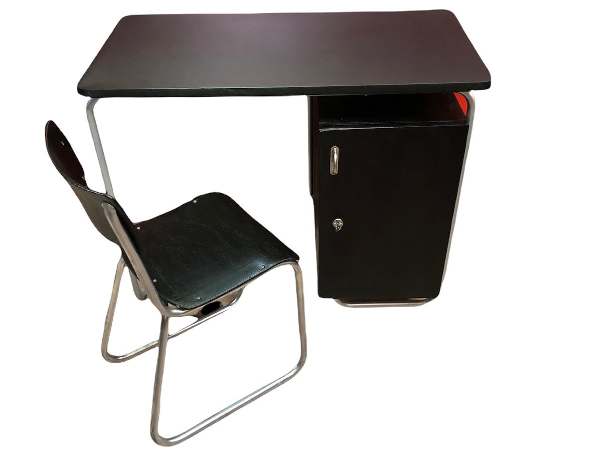Bureau Style Bauhaus En Bois Peint Et Pieds Tubulaires En Métal Plateau Gainé De SimilicuirNoir-photo-2