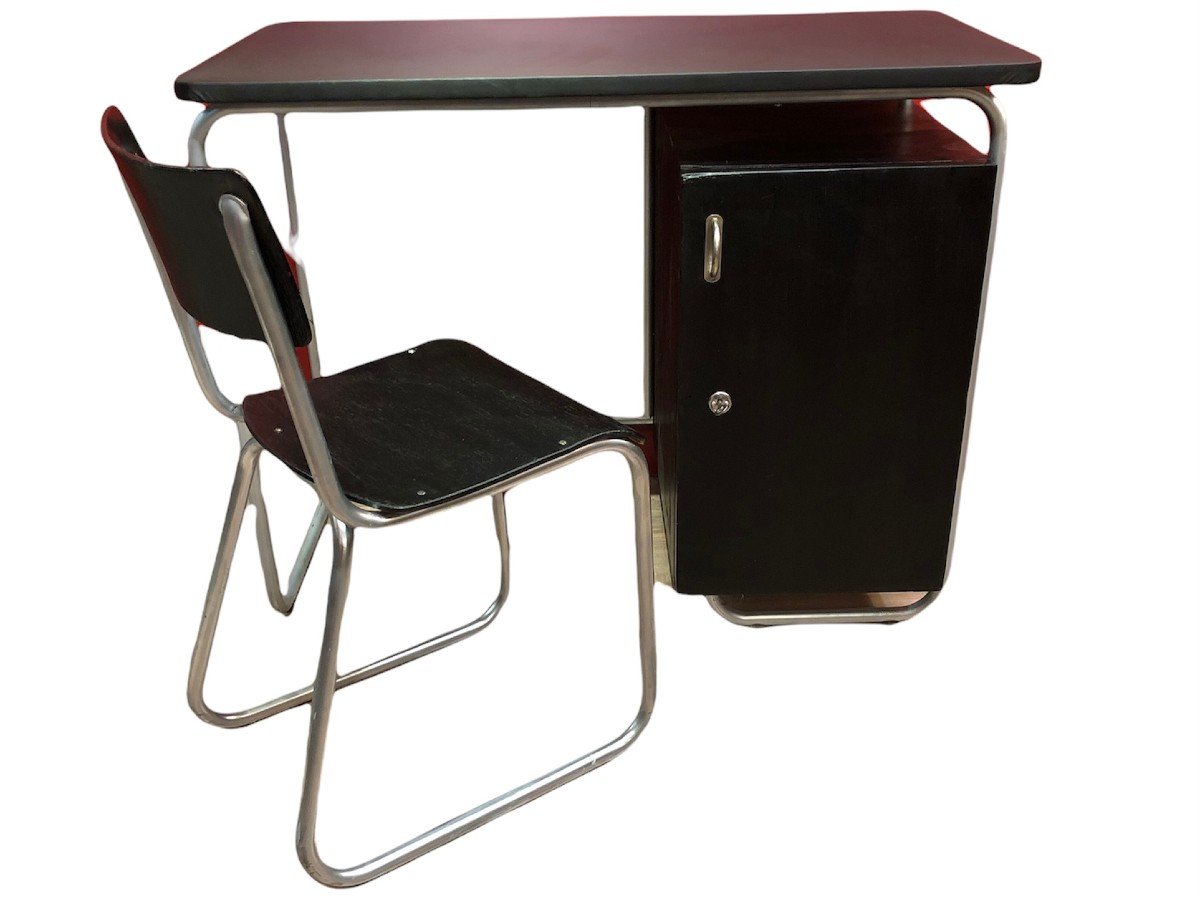 Bauhaus Style Desk In Painted Wood And Tubular Metal Legs With Black Leatherette Top-photo-3