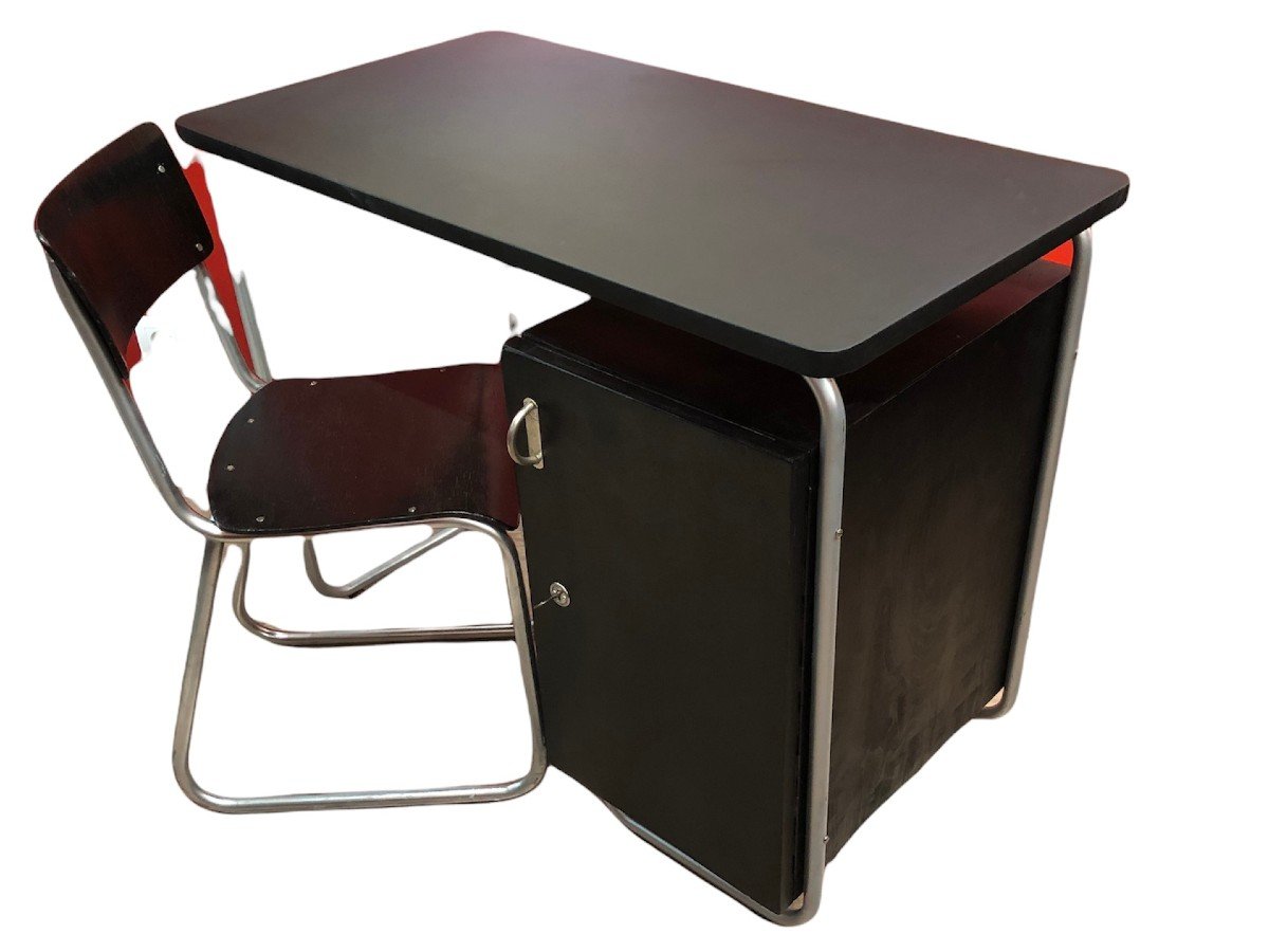 Bauhaus Style Desk In Painted Wood And Tubular Metal Legs With Black Leatherette Top-photo-4