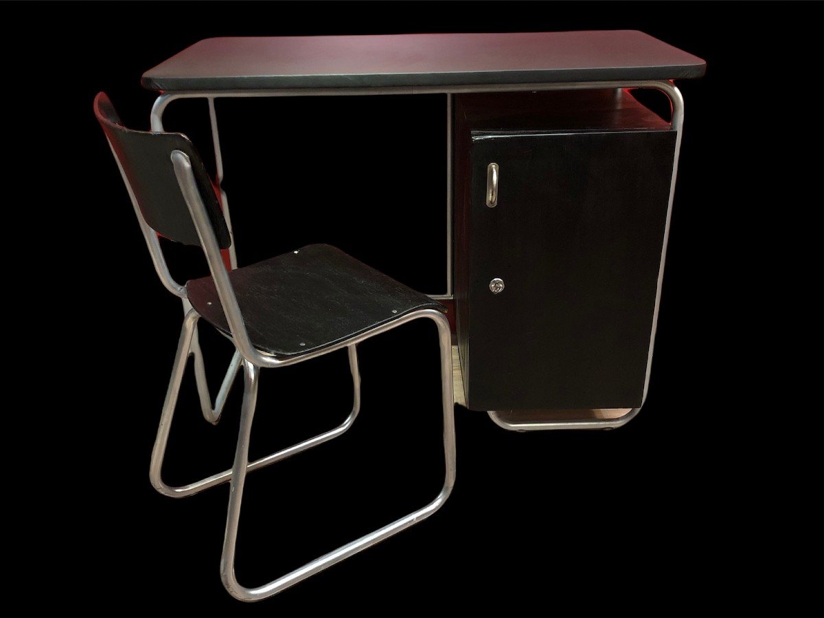 Bauhaus Style Desk In Painted Wood And Tubular Metal Legs With Black Leatherette Top-photo-1