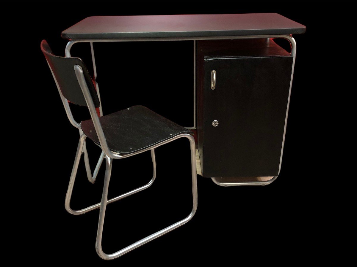 Bureau Style Bauhaus En Bois Peint Et Pieds Tubulaires En Métal Plateau Gainé De SimilicuirNoir-photo-1