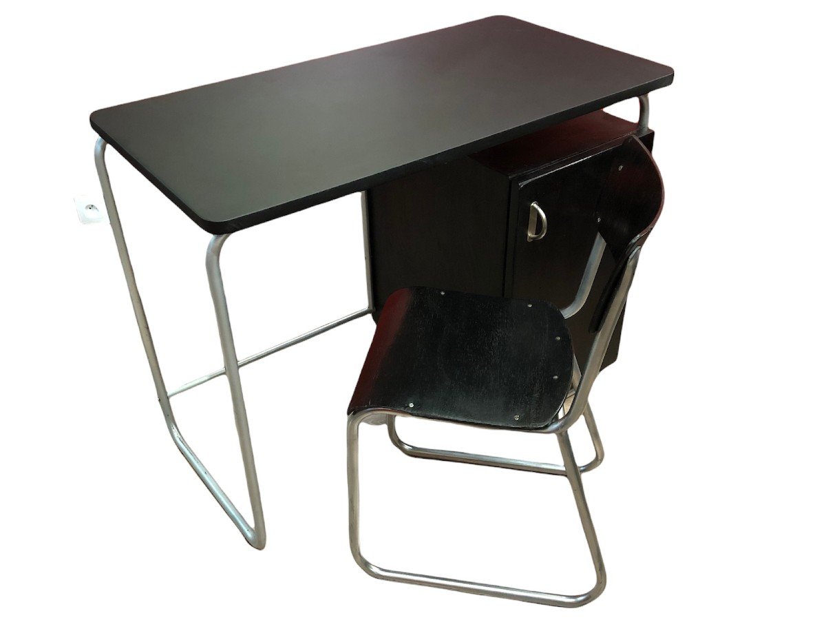 Bauhaus Style Desk In Painted Wood And Tubular Metal Legs With Black Leatherette Top-photo-2