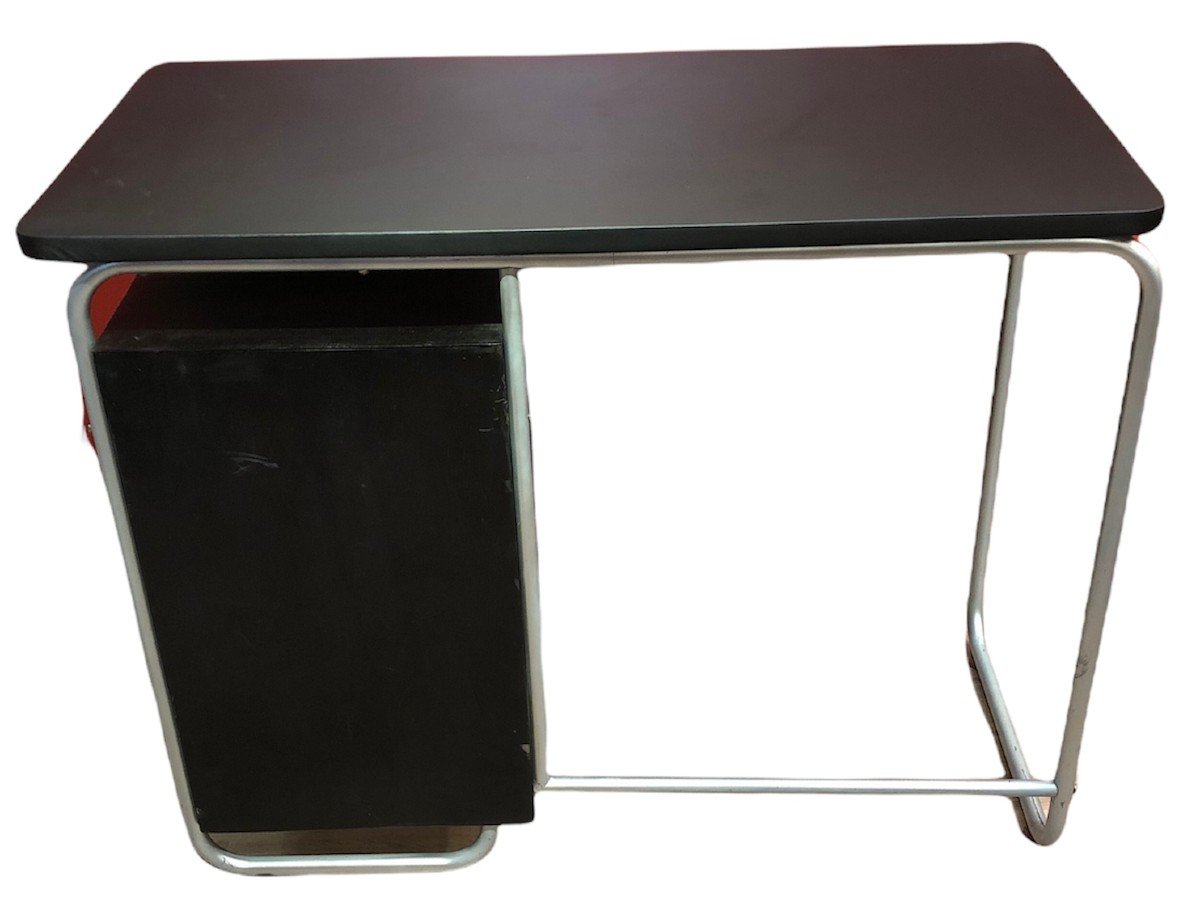 Bauhaus Style Desk In Painted Wood And Tubular Metal Legs With Black Leatherette Top-photo-3