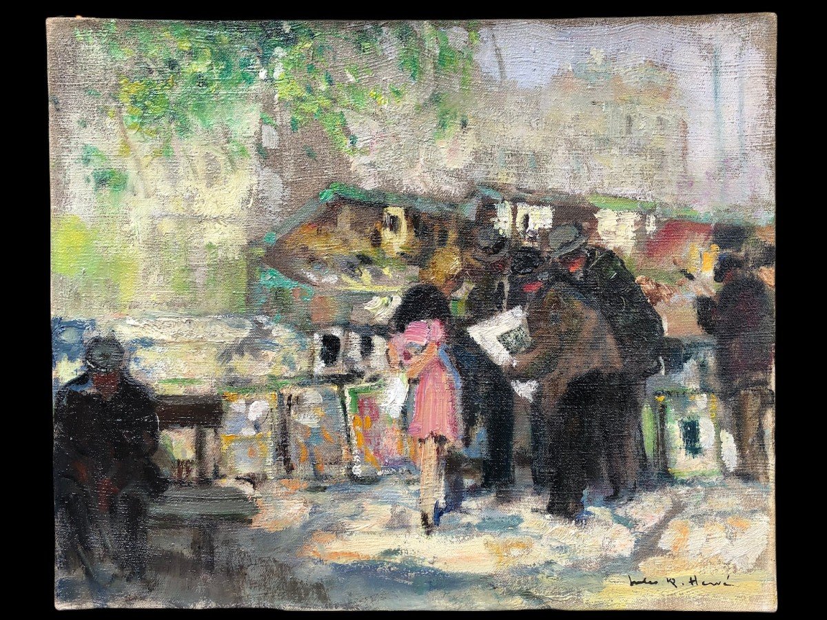 Herve Jules Tableau 20è Siècle Bouquinistes Devant Notre Dame De Paris Huile Sur Toile Signée-photo-3