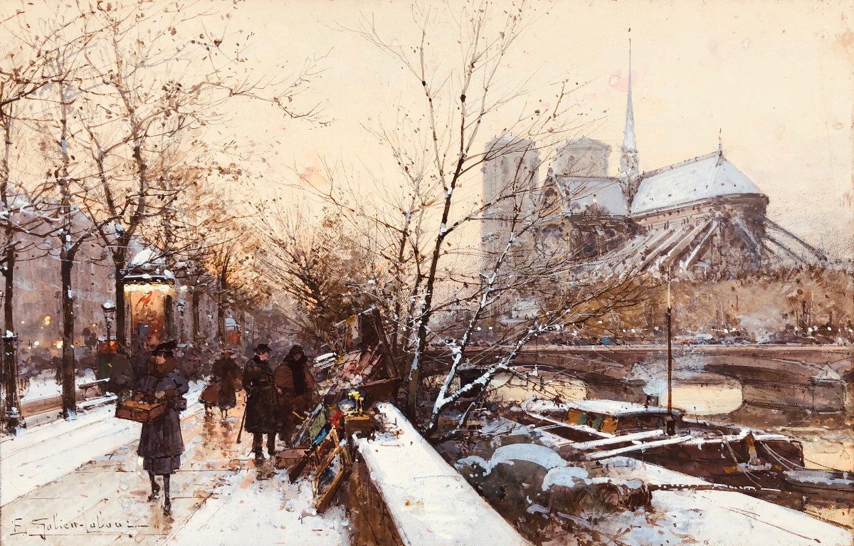 Galien Laloue Eugène Tableau 20ème Siècle Paris Bouquinistes Devant Notre Dame Gouache Signée-photo-2